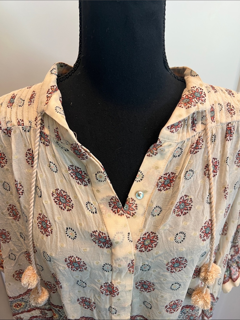 Zara Cream Boho Printed Peasant Blouse with Tassels - Picture 5 of 9